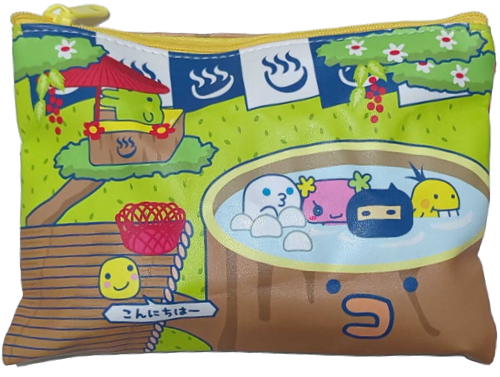 A small green and yellow Tamagotchi-themed zipper pouch