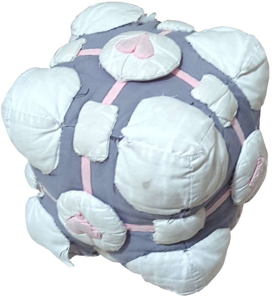 A worn 7x7x7 inch plush companion cube