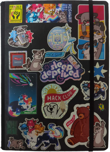 A black sketchbook covered in Hack Club stickers