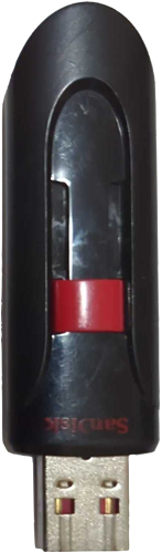 A black and red Sandisk Cruzer Glide 64GB USB drive