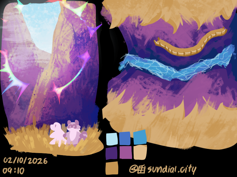 Two drawings of a raccoon white dinosaur exploring a purple cliff and mountain on a yellow grassland.