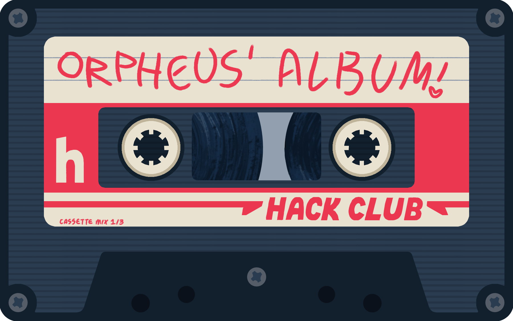 A drawing of a black and red Hack Club branded casette tape.